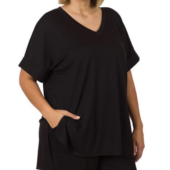 - Plus size cute short T-shirt set BLACK - Picture 1 of 11